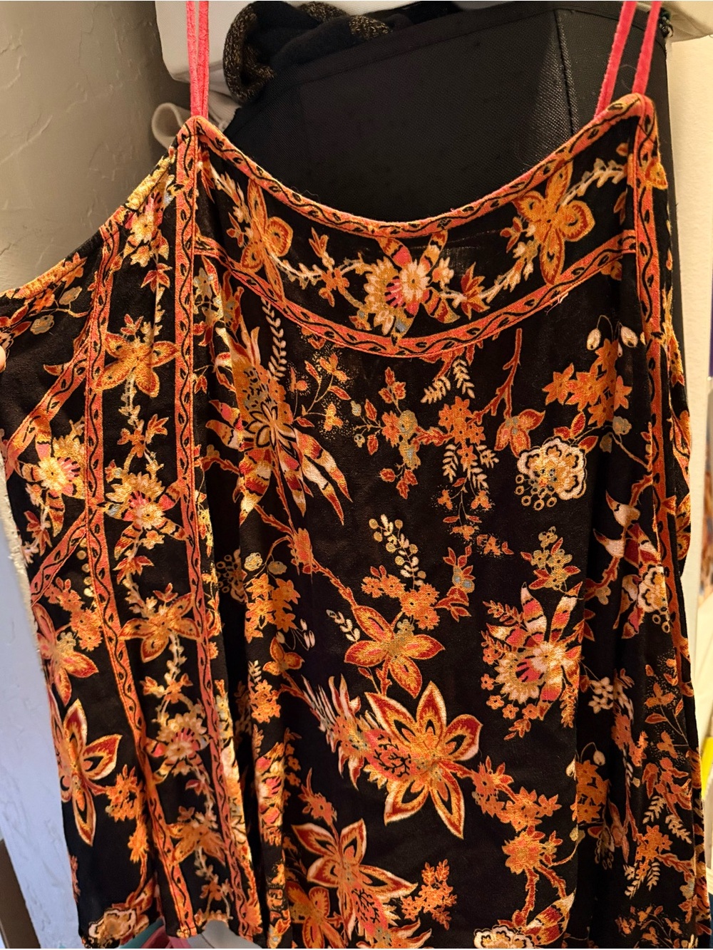 Black Floral Velvet Cami Dress with Orange-Pink Accents